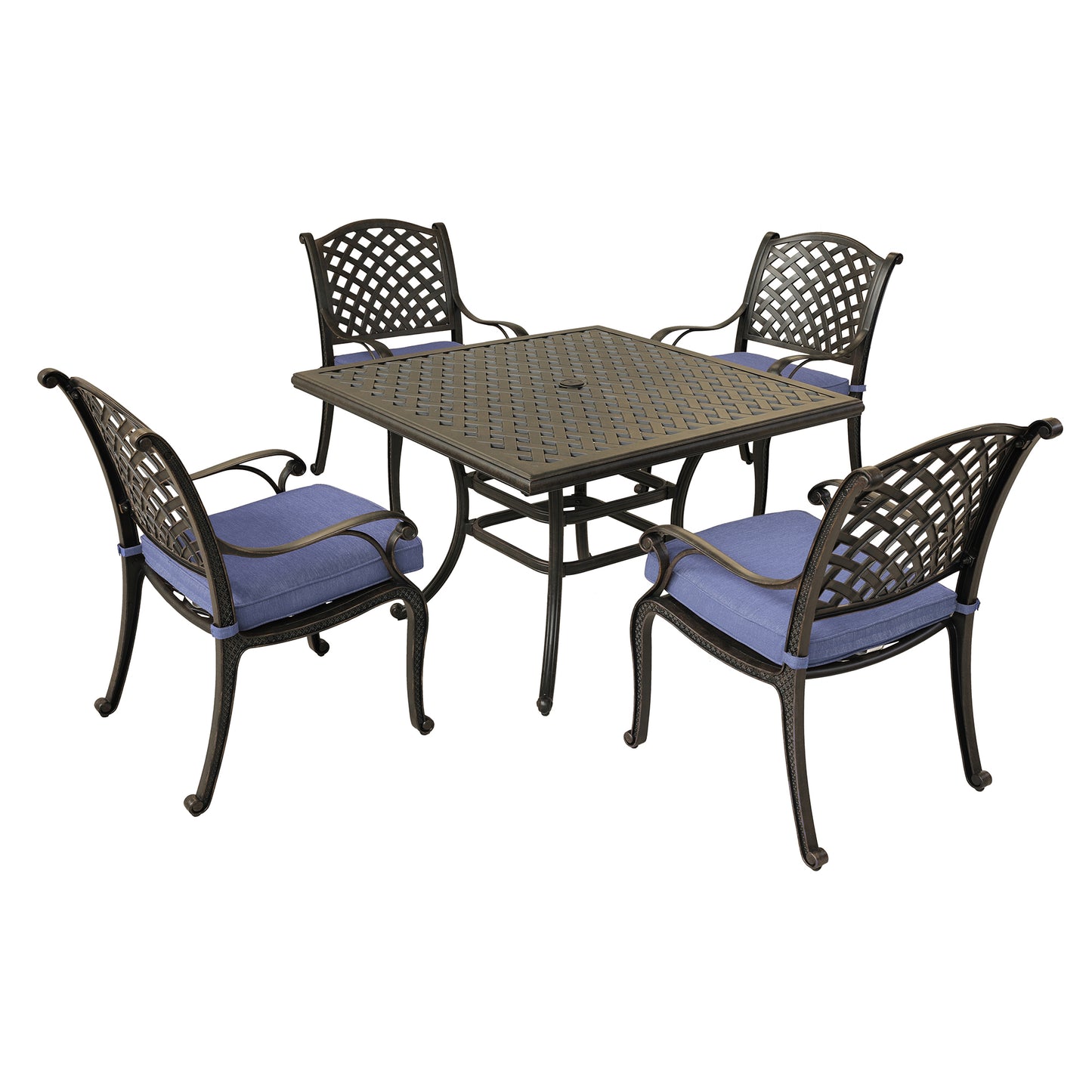 Square 4 - Person 43.19" Long Aluminum Dining Set with Navy Blue Cushions