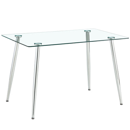 Modern Minimalist Rectangular Glass Dining Table for 4-6 with 0.31" Tempered Glass Tabletop and Silver Chrome Metal Legs, Writing Table Desk, for Kitchen Dining Living Room, 47" W x 29"D x 30" H