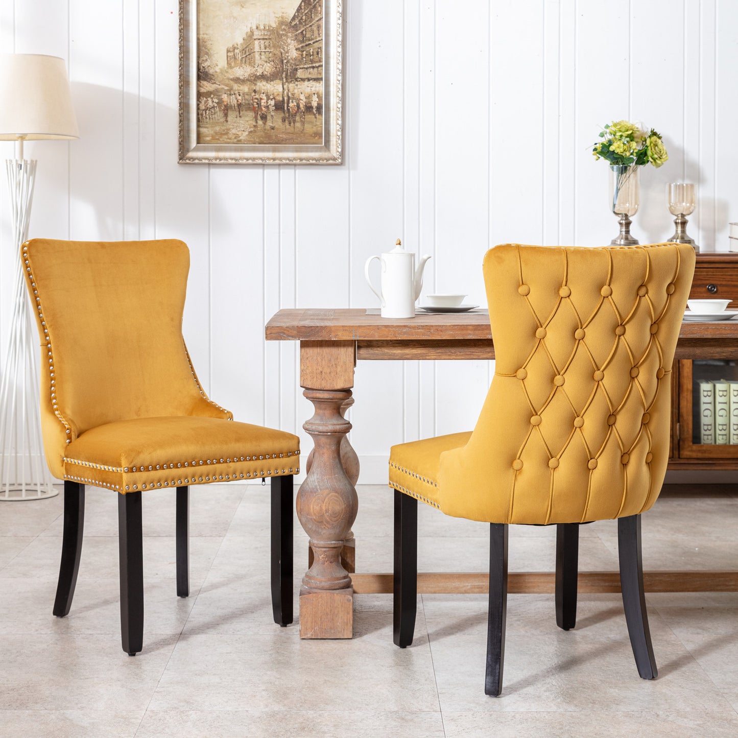 A&A Furniture,Upholstered Wing-Back Dining Chair with Backstitching Nailhead Trim and Solid Wood Legs,Set of 2, Gold 8809KD