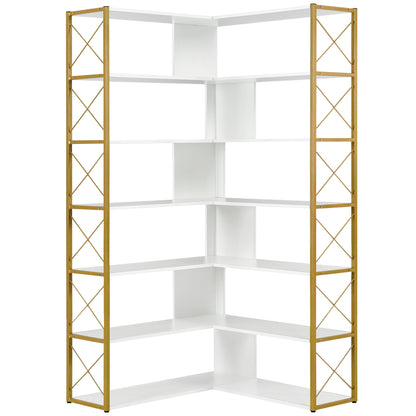 Golden+White 7-Tier Bookcase Home Office Bookshelf,  L-Shaped Corner Bookcase with Metal Frame, Industrial Style Shelf with Open Storage, MDF Board