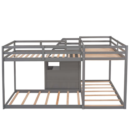 Twin over Twin L-Shaped Bunk Bed with Built-in Middle Staircase,Gray