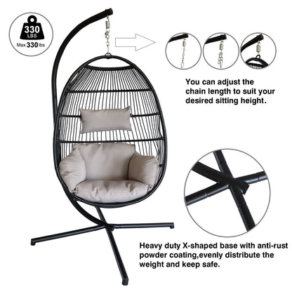 Hanging Egg Chair with Stand Outdoor Patio Swing Egg Chair Indoor Folding Egg Chair, Waterproof Cushion, Folding Rope Back, Heavy Duty C-Stand, 330LBS Capacity