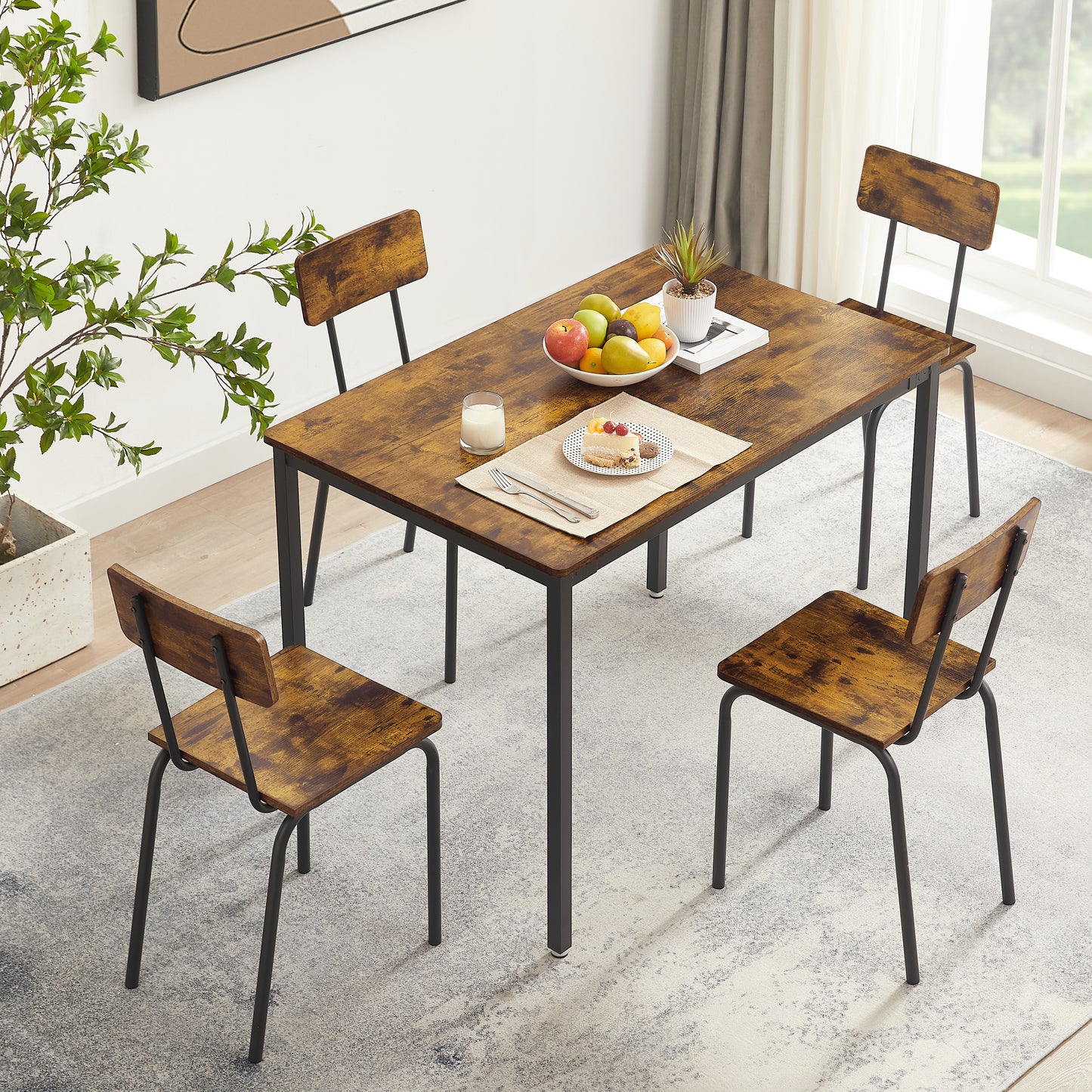 JHX Dining Table Set 5-Piece Dining Chair with Backrest，Industrial style，Sturdy construction(Rustic Brown，43.31’’L*27.56’’W*30.32’’H)