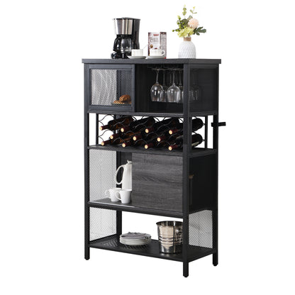 Industrial Bar Cabinet with Wine Rack for Liquor and Glasses, Wood and Metal Cabinet for Home Kitchen Storage Cabinet