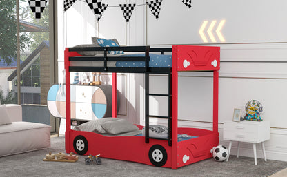 Twin Size Car-Shaped Bunk Bed with Wheels, Red