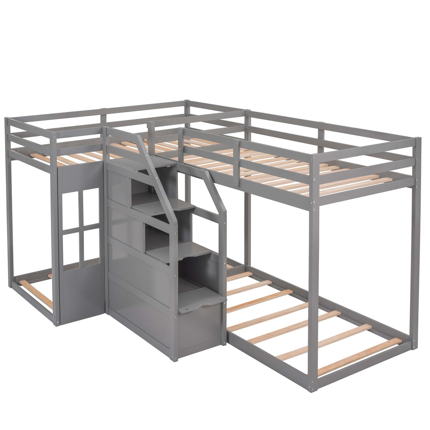 Twin over Twin L-Shaped Bunk Bed with Built-in Middle Staircase,Gray