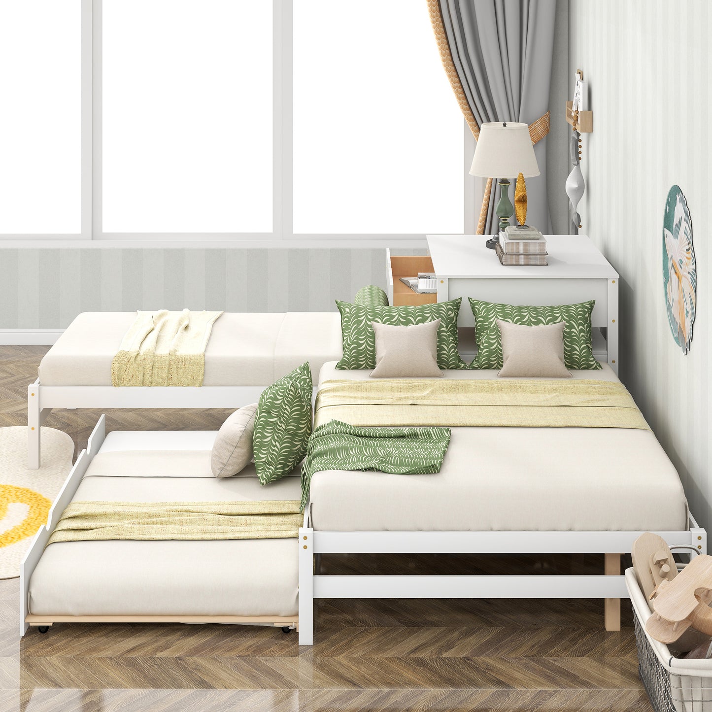 L-Shaped Full Size and Twin Size Platform Beds with Twin Size Trundle and Drawer Linked with Built-in Rectangle Table,White