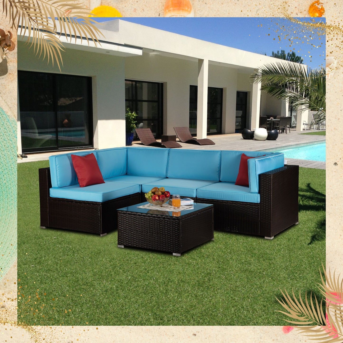 Outdoor Garden Patio Furniture 5-Piece Brown PE Rattan Wicker Sectional Blue Cushioned Sofa Sets with 2 Red Pillows