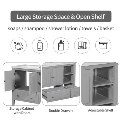 [VIDEO] 36" Bathroom Vanity with Ceramic Basin, Bathroom Storage Cabinet with Two Doors and Drawers, Solid Frame, Metal Handles, Grey