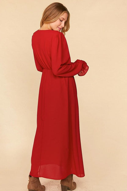 PUFF RUFFLE HEM SLEEVE WOVEN MAXI LINED DRESS