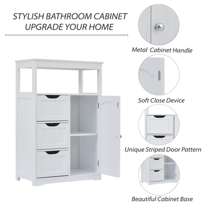 White Bathroom Cabinet, Freestanding Multi-Functional Storage Cabinet with Door and 3 Drawers, MDF Board with Painted Finish