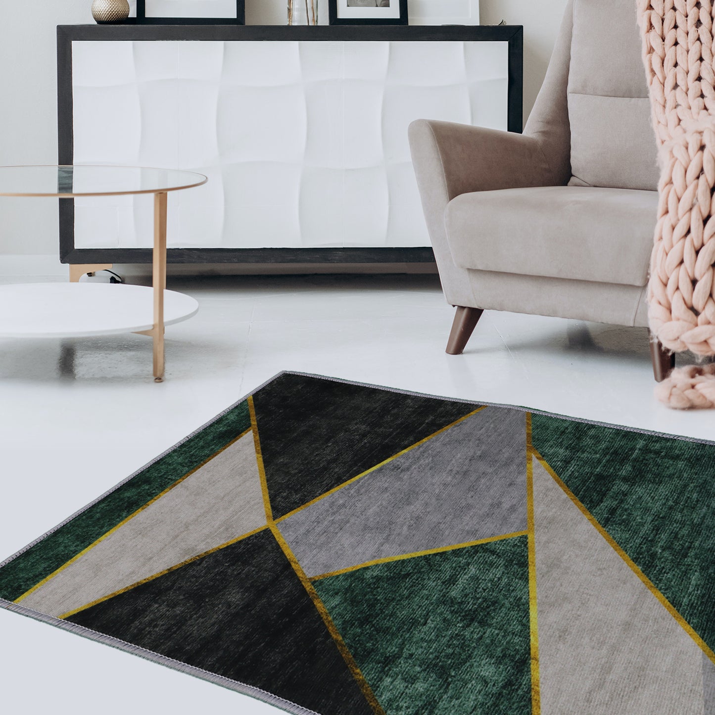 Casual Geometric Cotton Area Rug，Modern Abstract Geometric Shapes Accent Outdoor Rug 5ft x 7.5ft for Patio Bedrooms, Dining Rooms, Living Rooms Light Grey /Green