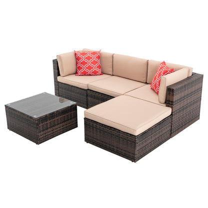 5Pcs Outdoor Garden Patio Furniture  PE Rattan Wicker  Sectional Cushioned Sofa Sets with 2 Pillows and Coffee Table