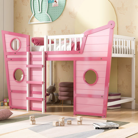 Full Size Boat Shape Loft Bed with Ladder-Pink