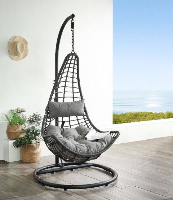 ACME Uzae Patio Hanging Chair with Stand, Gray Fabric & Charcaol Wicker 45105