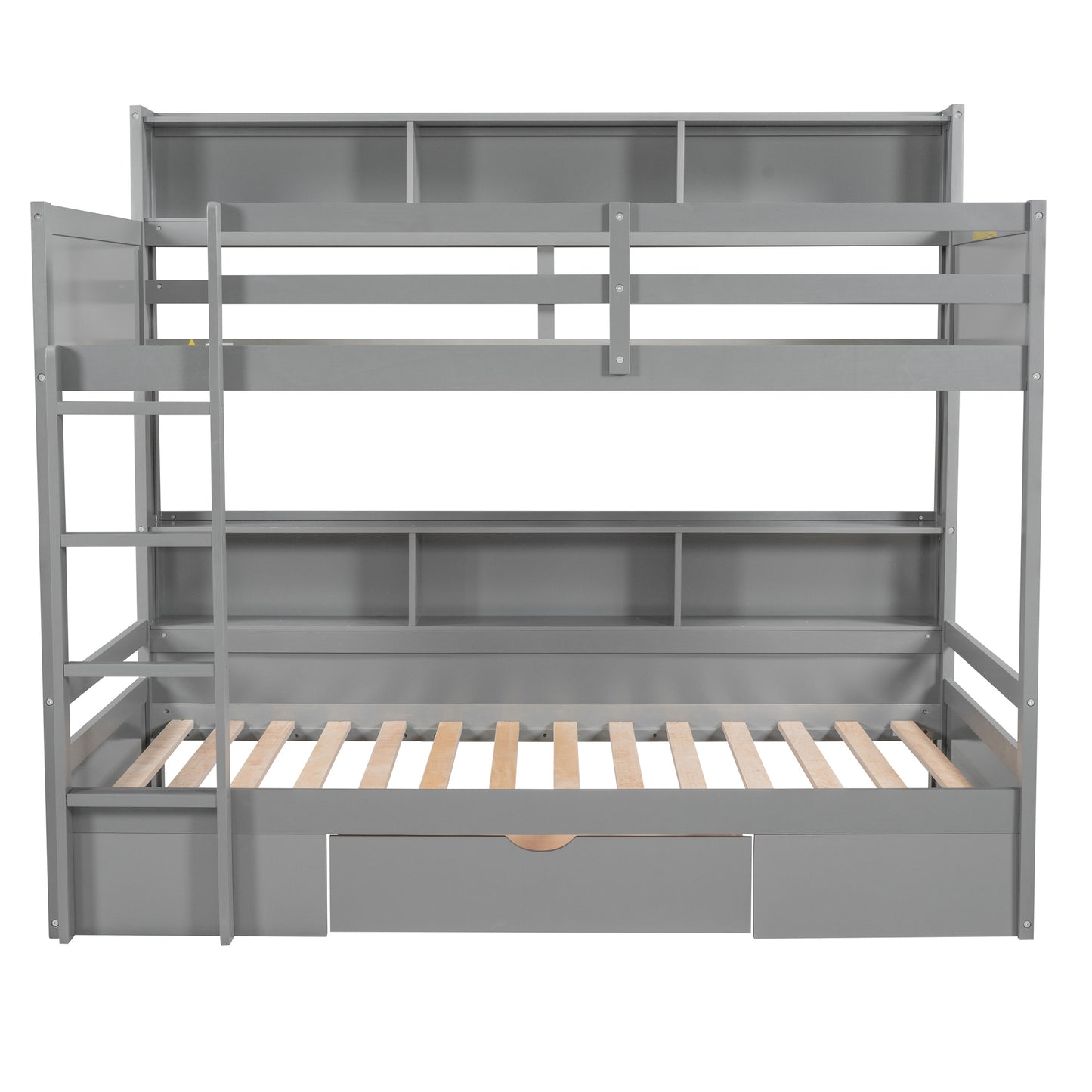 Twin Size Bunk Bed with Built-in Shelves Beside both Upper and Down Bed and Storage Drawer,Gray