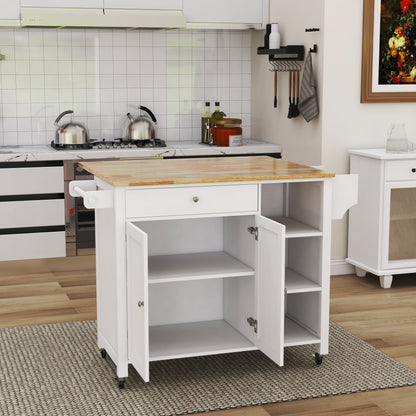 Double Door Kitchen Island with Lockable Wheels, Towel Rack, Storage Drawer and Three Open Shelves-White