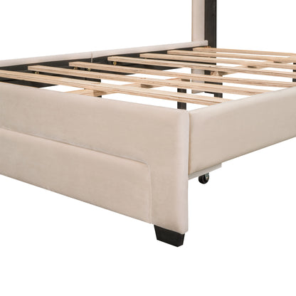 Full Size Storage Bed Velvet Upholstered Platform Bed with a Big Drawer - Beige