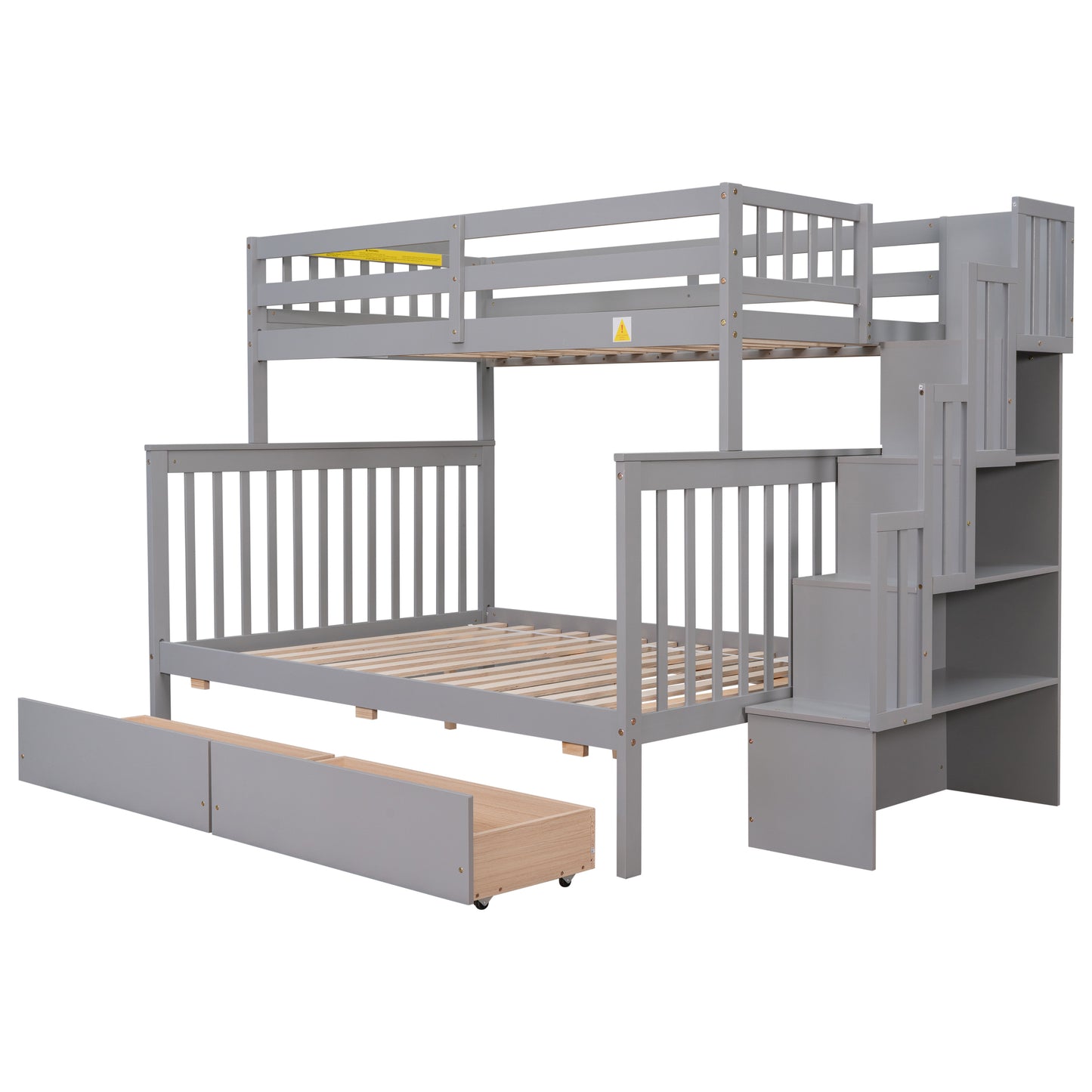 Twin Over Full Bunk Bed with 2 Drawers and Staircases, Convertible into 2 Beds, the Bunk Bed with Staircase and Safety Rails for Kids, Teens, Adults, Grey