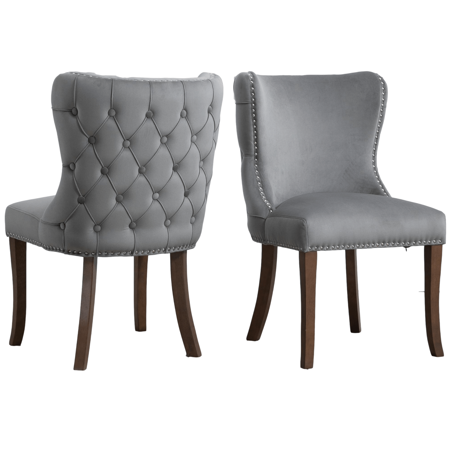 Set of 2 upholstered wing-back dining chair with backstitching nailhead trim and solid wood legs