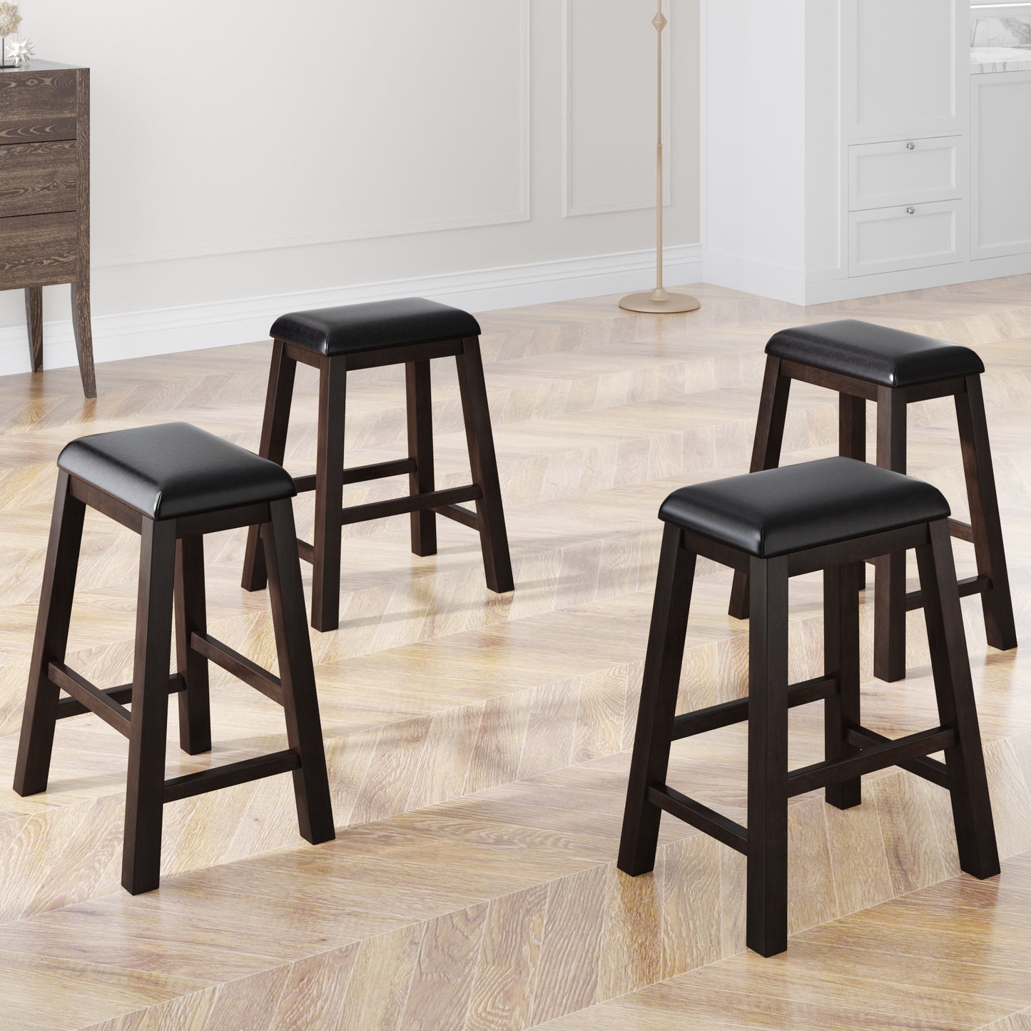 TOPMAX 4 Pieces Counter Height Wood Kitchen Dining Upholstered Stools for Small Places, Brown Finish+ Black Cushion