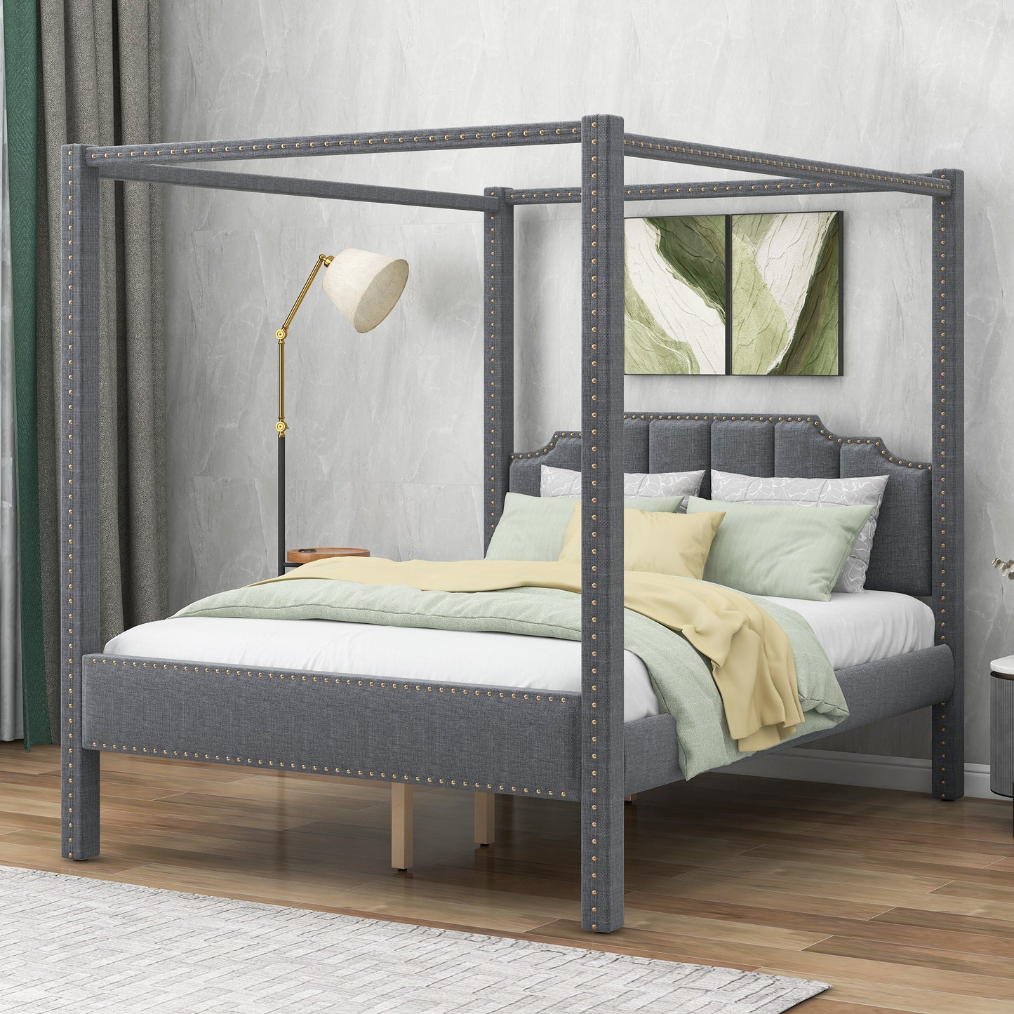 Queen Size Upholstery Canopy Platform Bed with Headboard,Support Legs,Gray