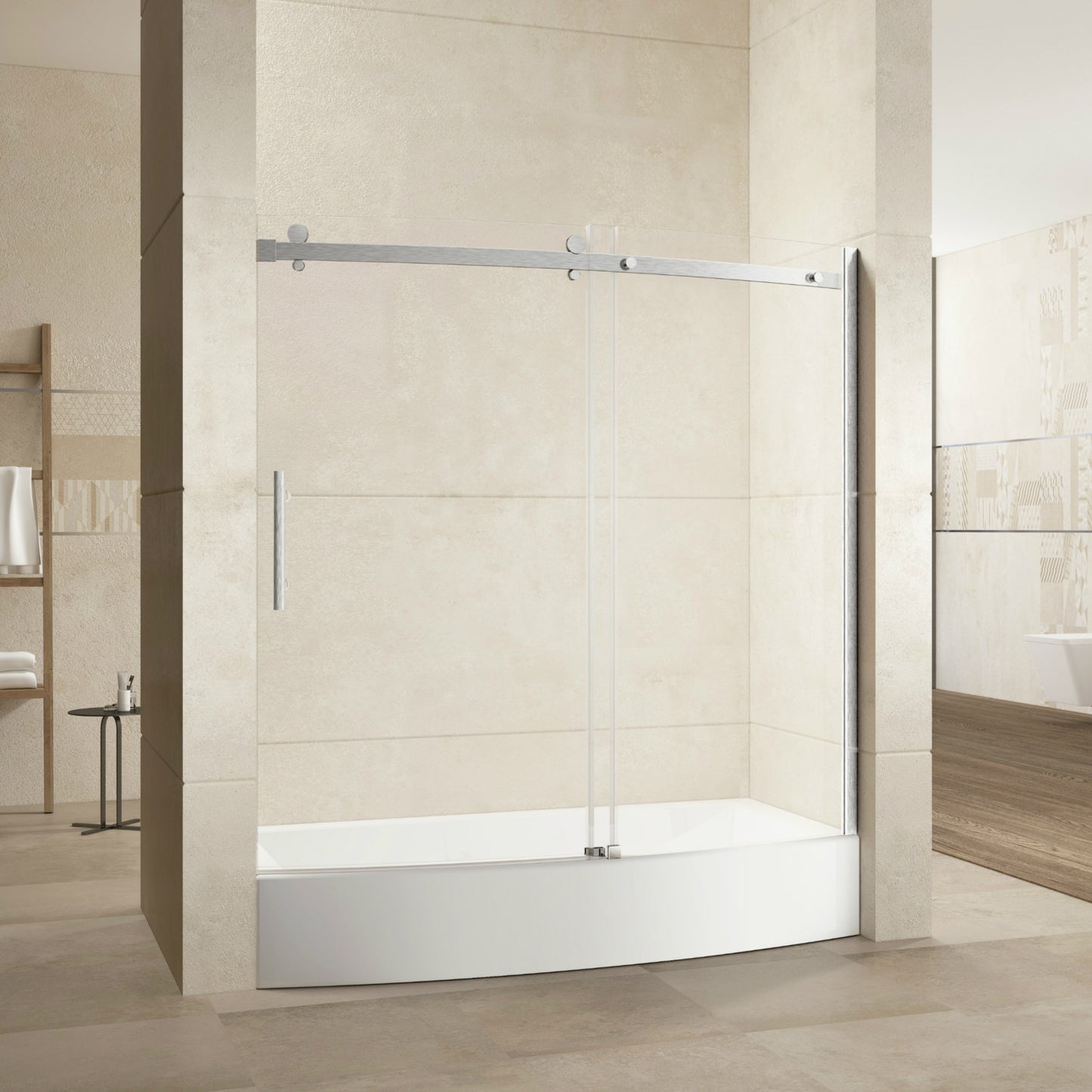 TRUSTMADE Frameless Curved Bathtub Shower Doors 60" Width x 58" Height with 1/3"(8mm) Clear Tempered Glass Finish, K07N-1