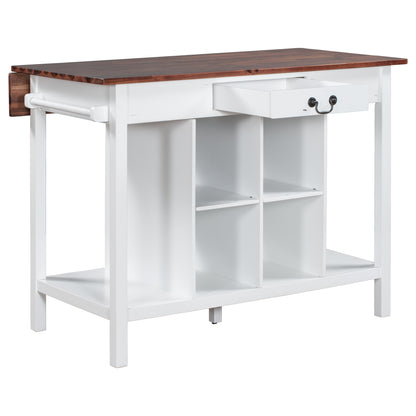 TOPMAX Farmhouse Stationary Wood Dining Table Drop Leaf Kitchen Island with Storage Shelves, Dark Walnut+White