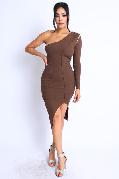 Asymmetric Sleeve Slit Midi Dress