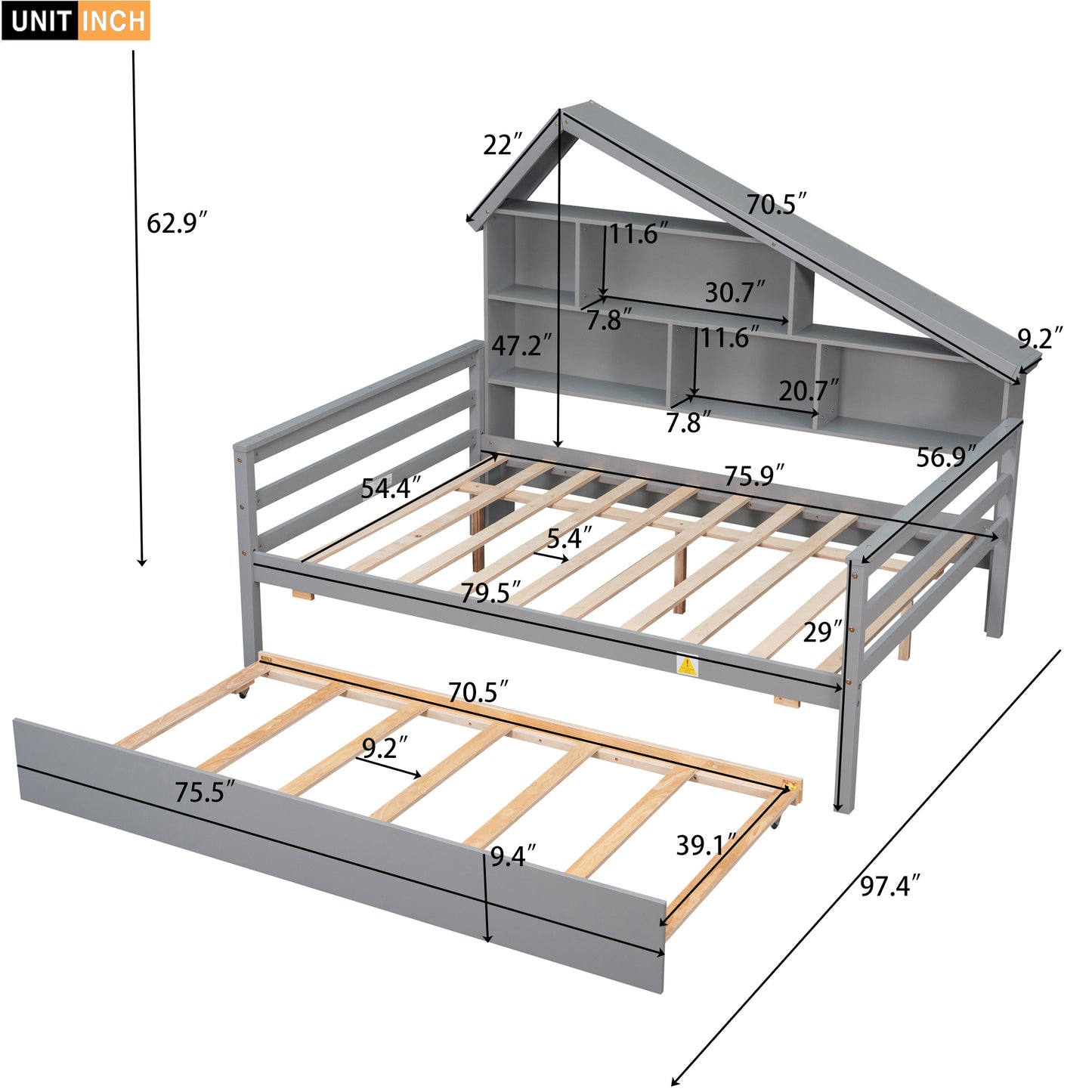 Full Size Platform Bed with Trundle and Shelves, Gray