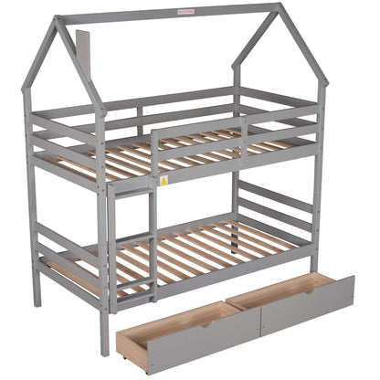 Twin over Twin House Bunk Bed with Two Drawers and Chimney Design,Gray