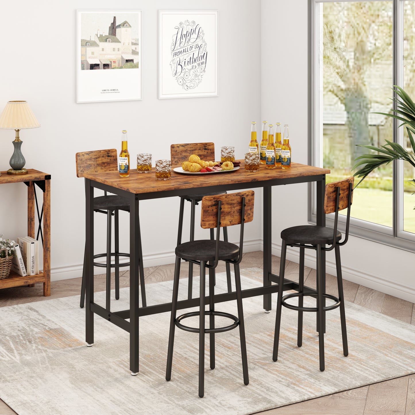 Bar Table Set with 4 Bar stools PU Soft seat with backrest (Rustic Brown，47.24’’w x 23.62’’d x 35.43’’h)