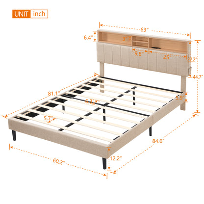 Queen Size Upholstered Platform Bed with Storage Headboard and USB Port,  Linen Fabric Upholstered Bed (Beige)