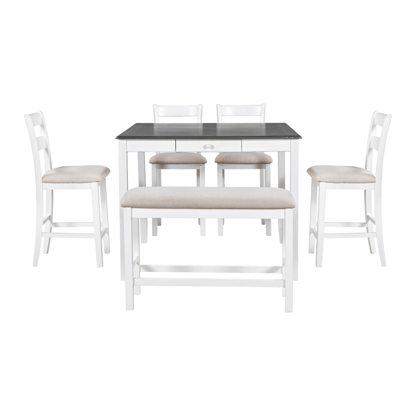 TOPMAX Wood 6-Piece Dining Table Set with Storage Drawer, Counter Height Square Kitchen Set with Upholstered Chair and Bench, White