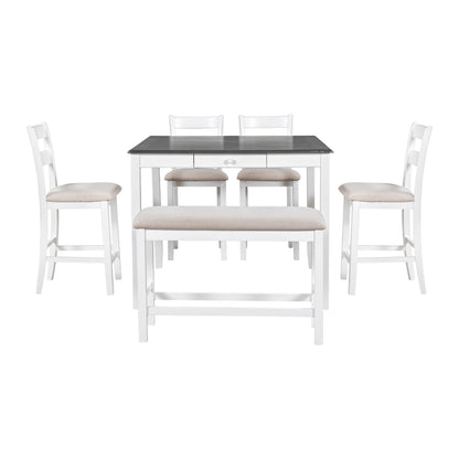 TOPMAX Wood 6-Piece Dining Table Set with Storage Drawer, Counter Height Square Kitchen Set with Upholstered Chair and Bench, White