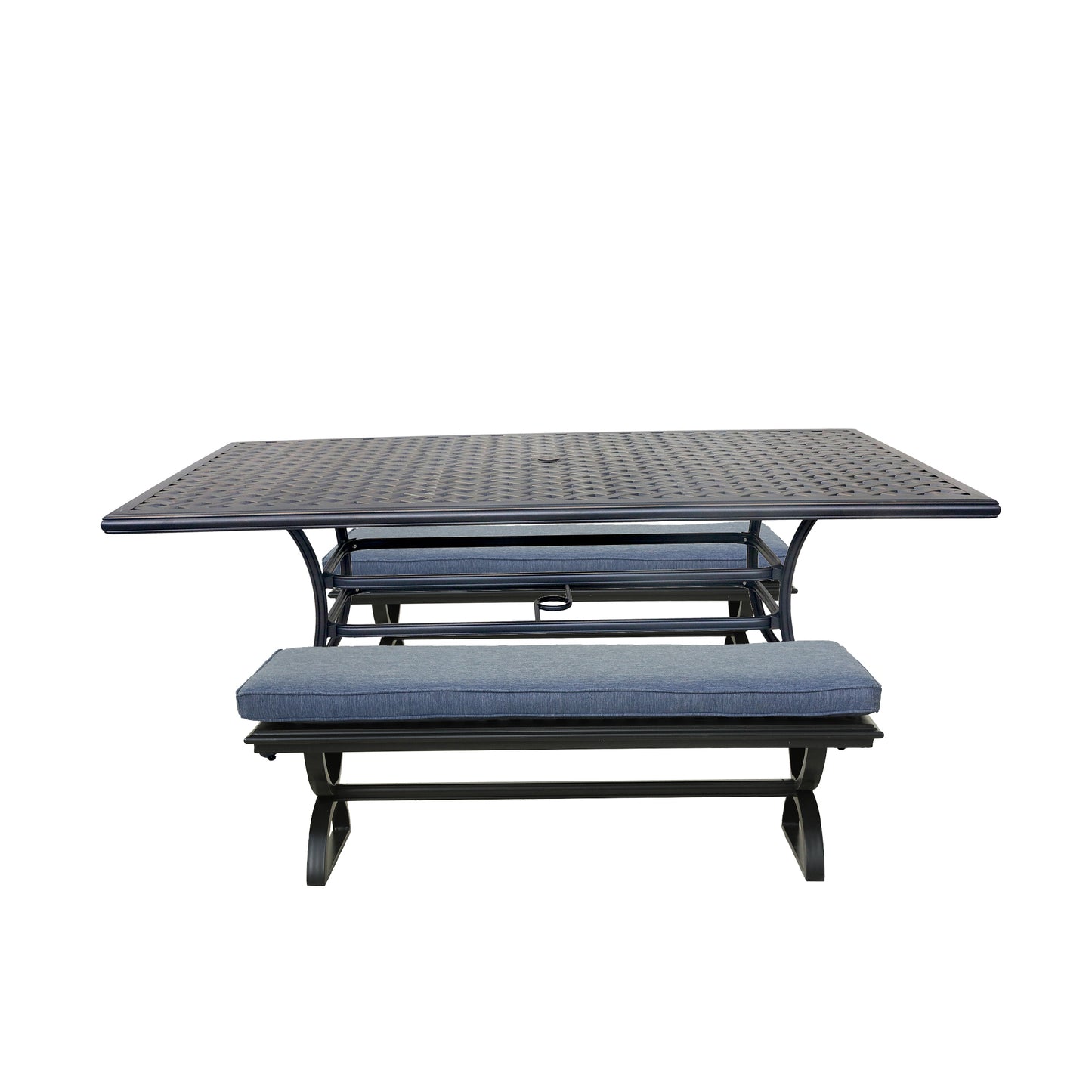 3 Piece Patio Aluminum Dining Set, Rectangle Table with 2 Cushioned Benches, Navy Blue