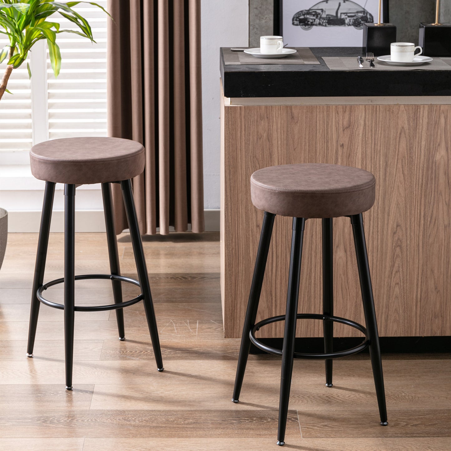 A&A Furniture,Metal Bar Stools,  Round Kitchen Counter Stools, Industrial Round Barstool, Bar Chairs, 28 Inch for Counter Pub Height Set of 2 (Brown)