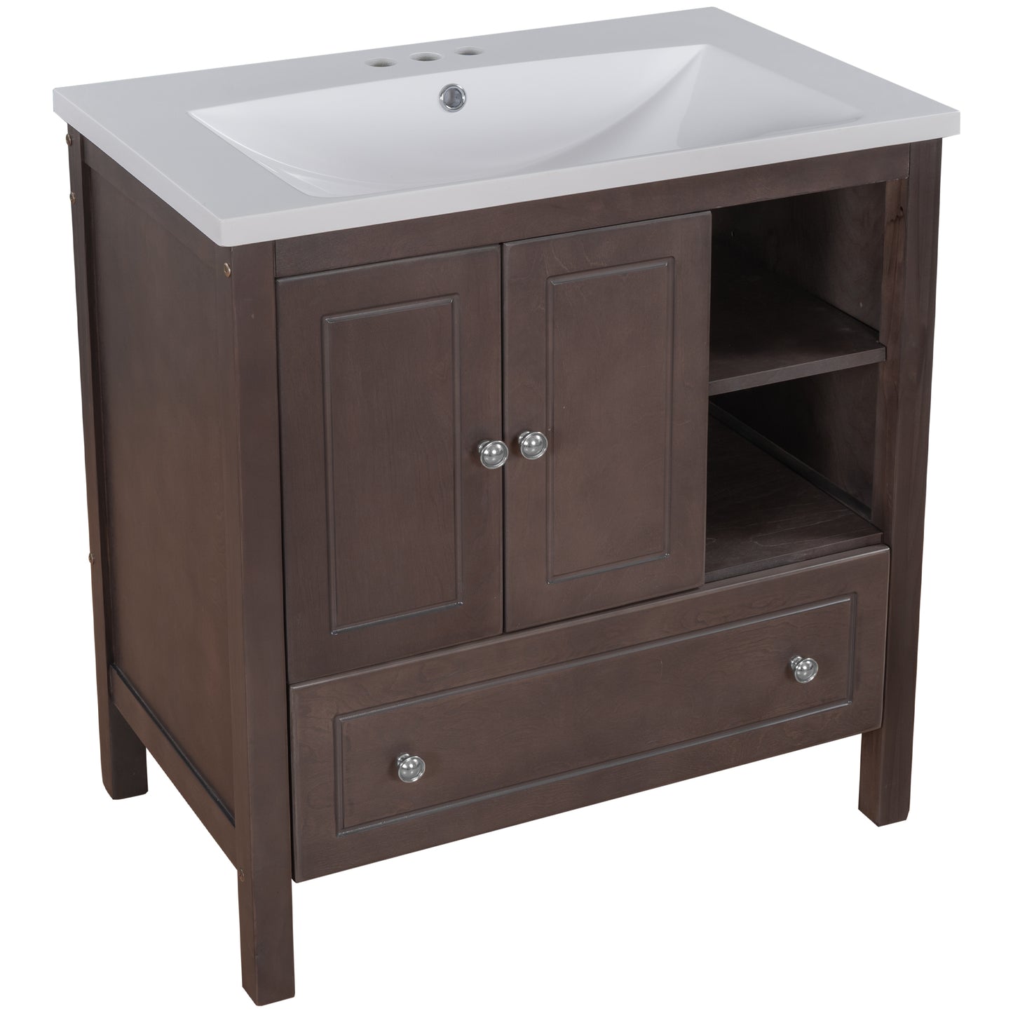 [VIDEO] 30" Bathroom Vanity with Sink, Bathroom Storage Cabinet with Doors and Drawers, Solid Wood Frame, Ceramic Sink, Brown