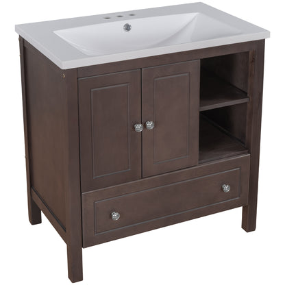 [VIDEO] 30" Bathroom Vanity with Sink, Bathroom Storage Cabinet with Doors and Drawers, Solid Wood Frame, Ceramic Sink, Brown