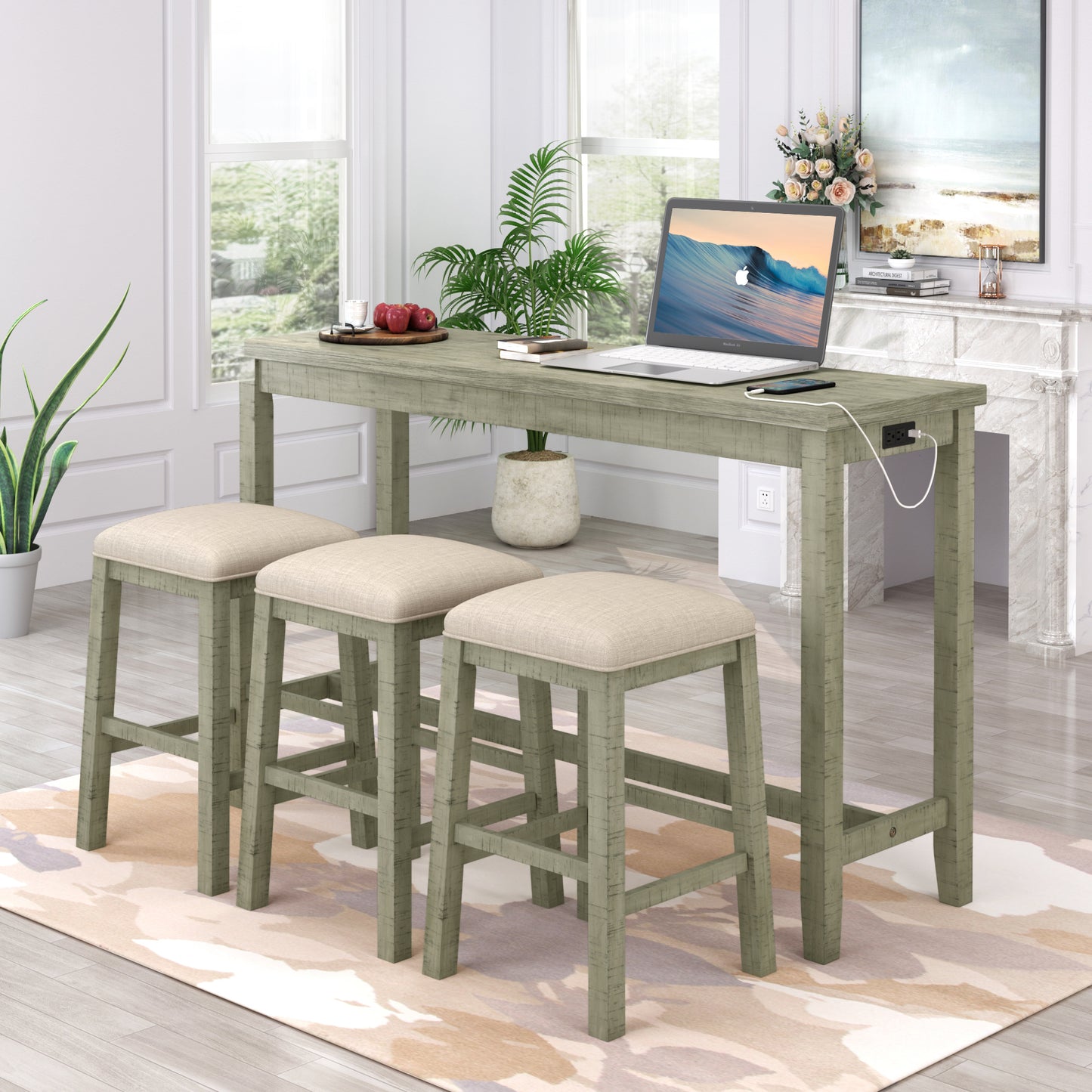 TOPMAX 4 Pieces Counter Height Table with Fabric Padded Stools,Rustic Bar Dining Set with Socket,Gray Green