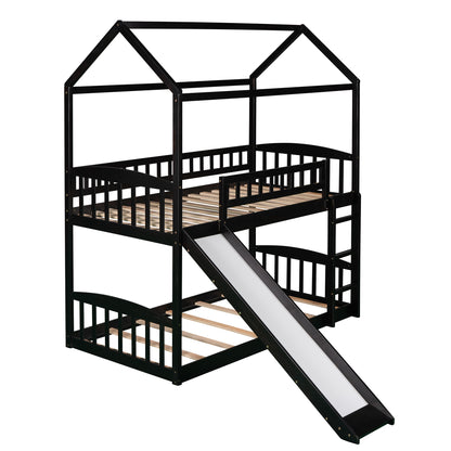 Twin Over Twin Bunk Bed with Slide, House Bed with Slide, Espresso(OLD SKU: LP000213AAP)