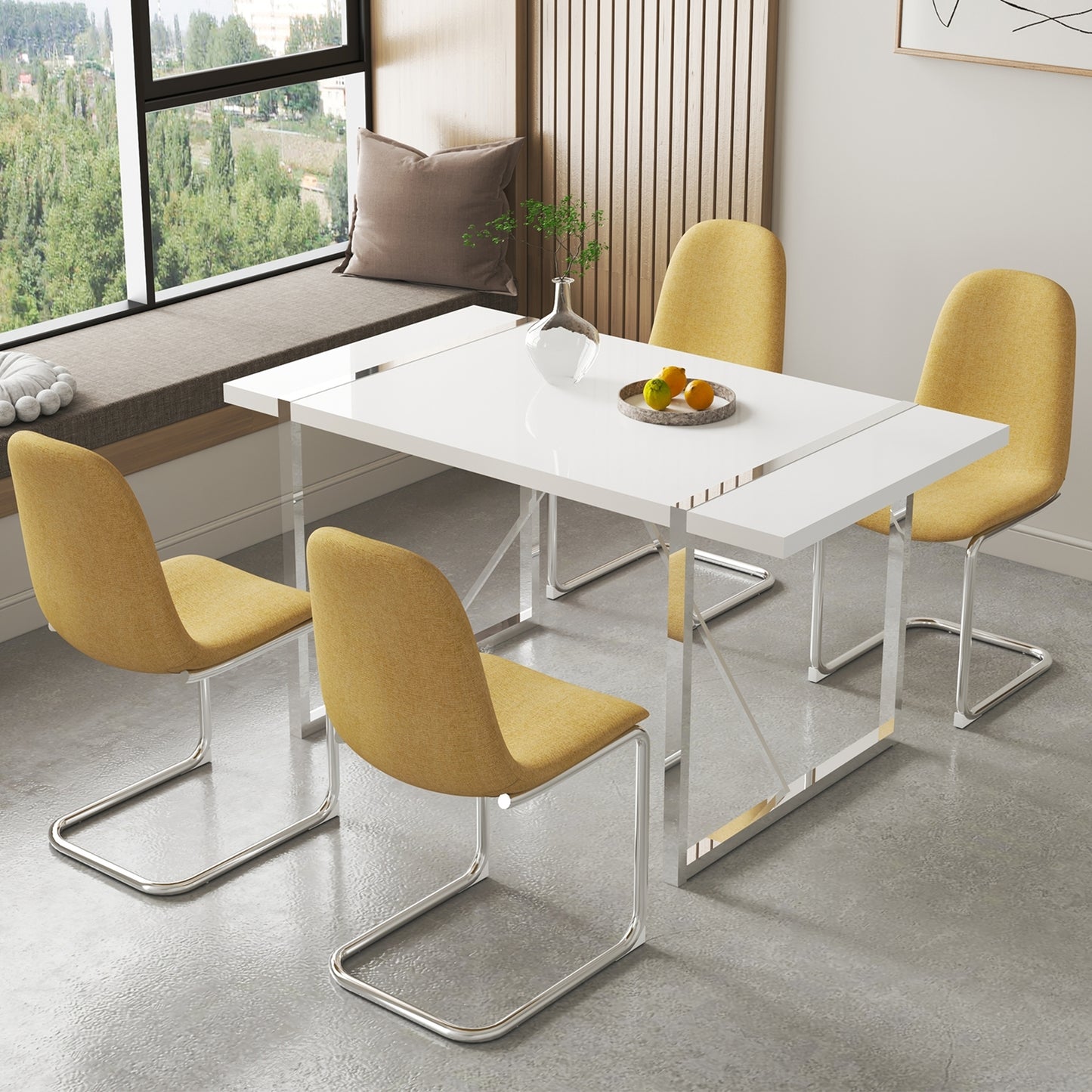 Dining Chairs Set of 4,Spoon shape Modern Style Dining Kitchen Room Upholstered Side Chairs， Accent Chairs with Soft Linen Fabric Cover Cushion Seat and plating Metal Legs Yellow office chair