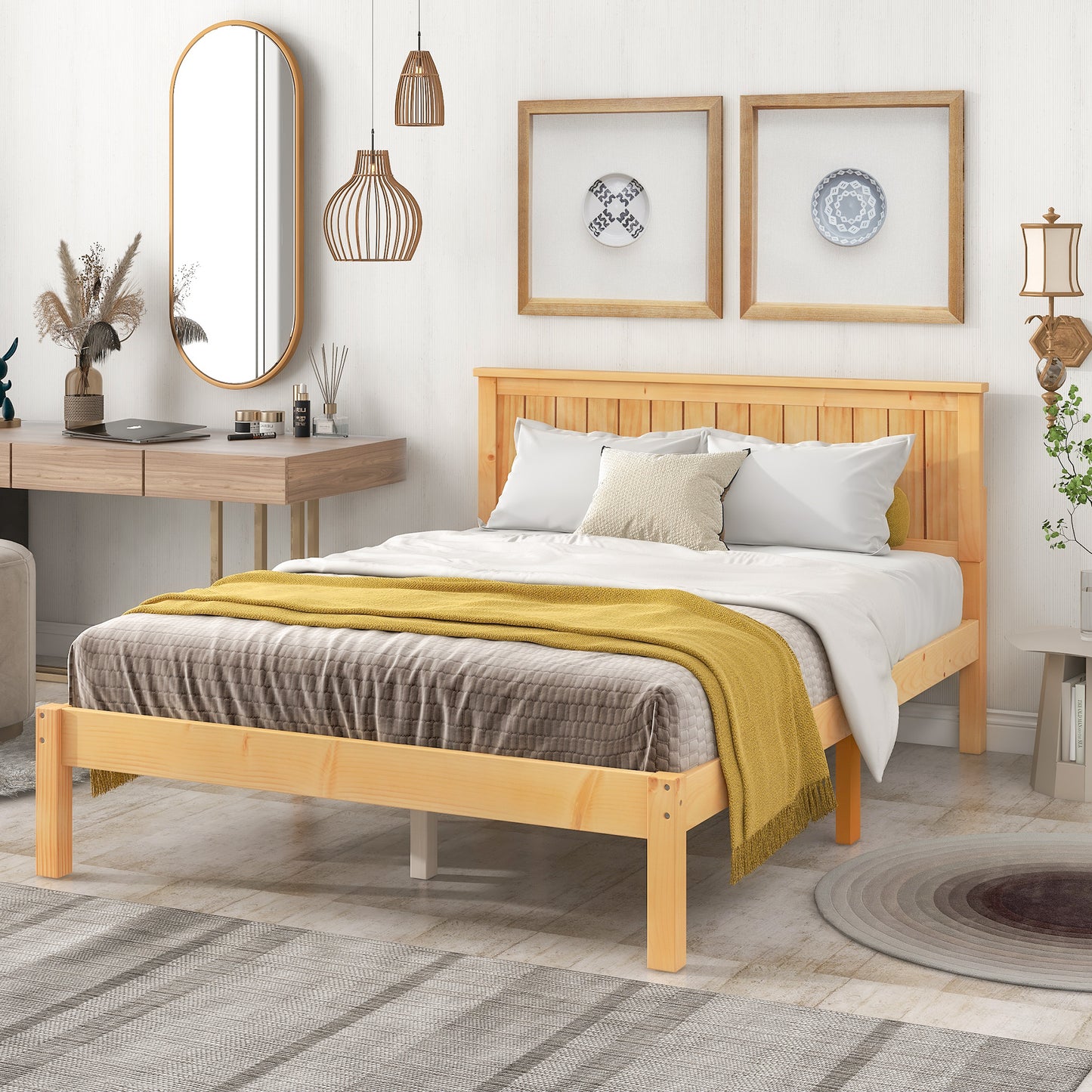 Platform Full Bed with Headboard,Natural