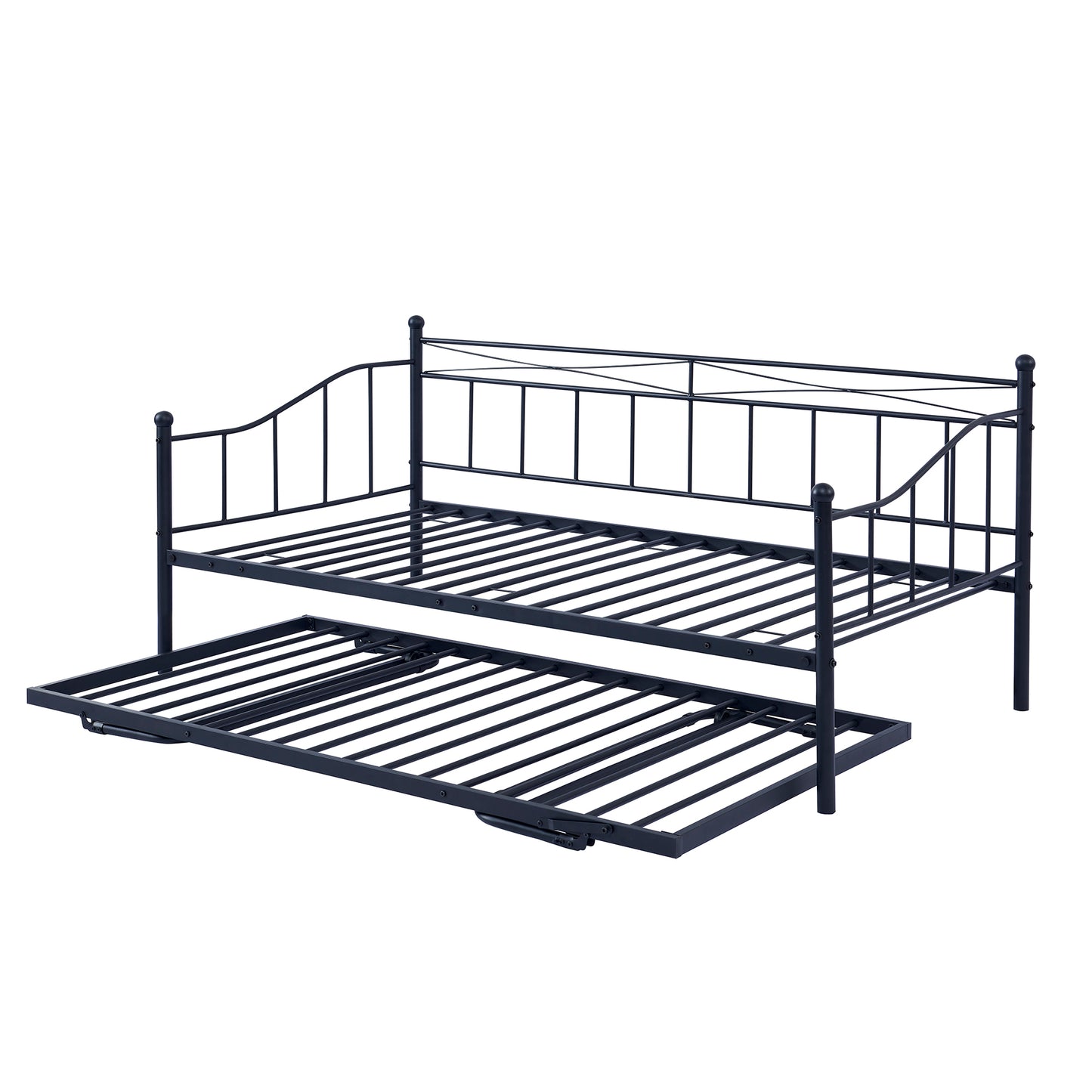 Twin Size Metal Daybed with Twin Size Adjustable Trundle, Portable Folding Trundle, Black