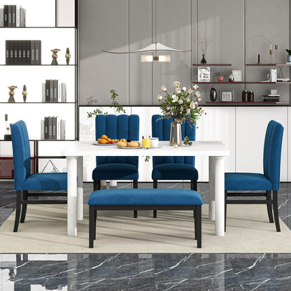 TREXM 6-Piece Dining Table Set with Marble Veneer Table and 4 Flannelette Upholstered Dining Chairs & Bench (White+Blue)