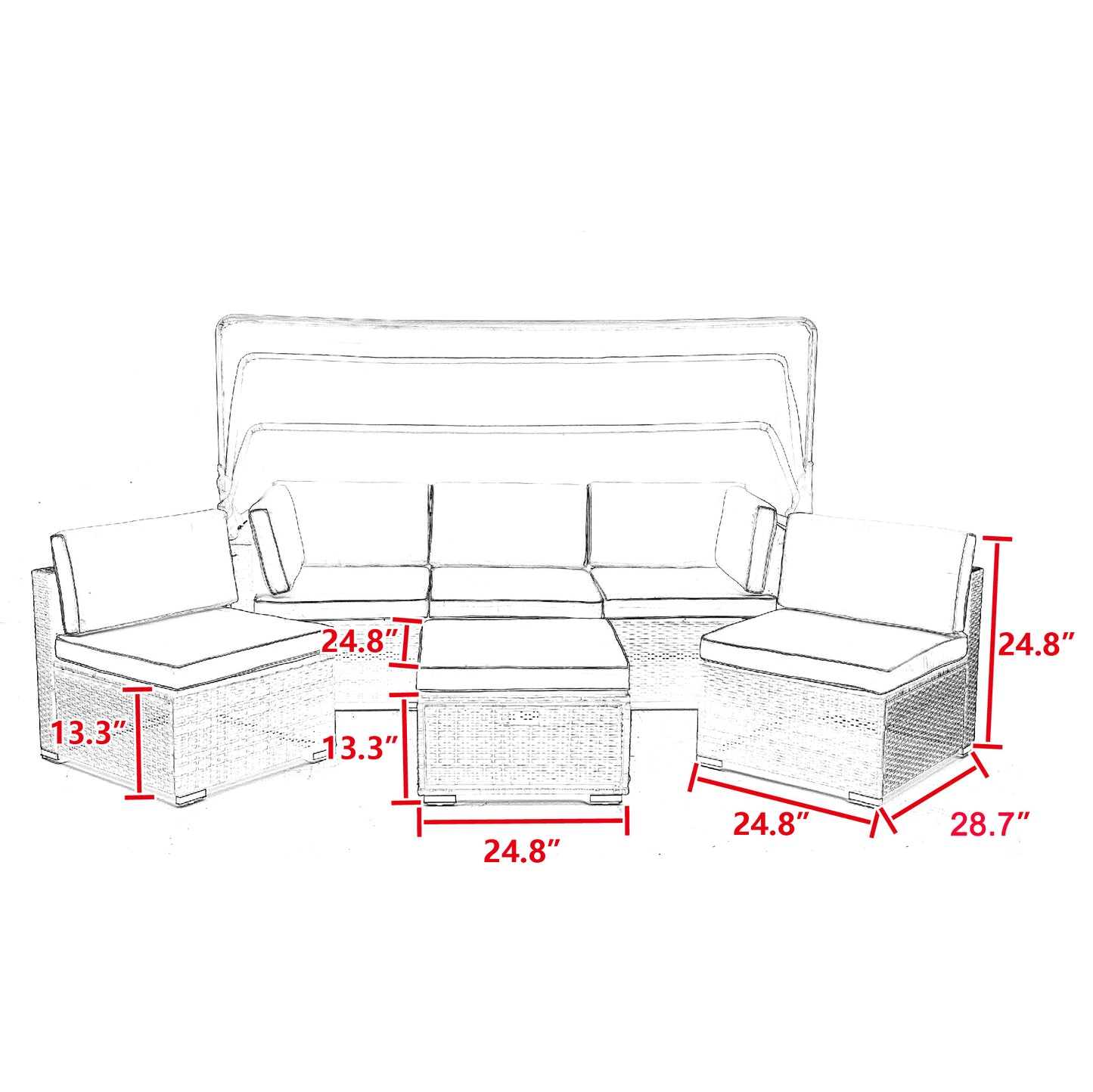 7Pcs Outdoor Garden Patio Furniture  PE Rattan Wicker  Sectional Cushioned Sofa Sets with 2 Pillows and Coffee Table with roof