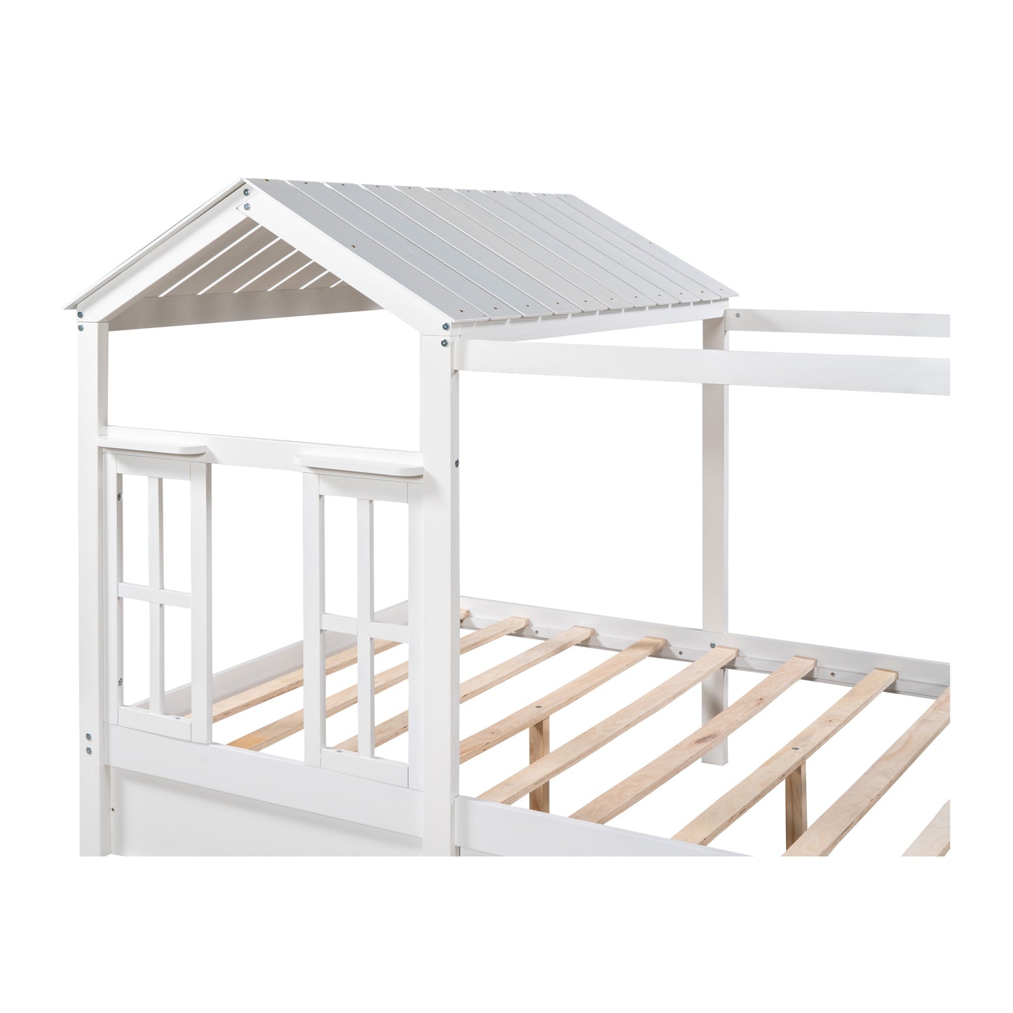 Full Size House Bed with Roof, Window and Drawer - White