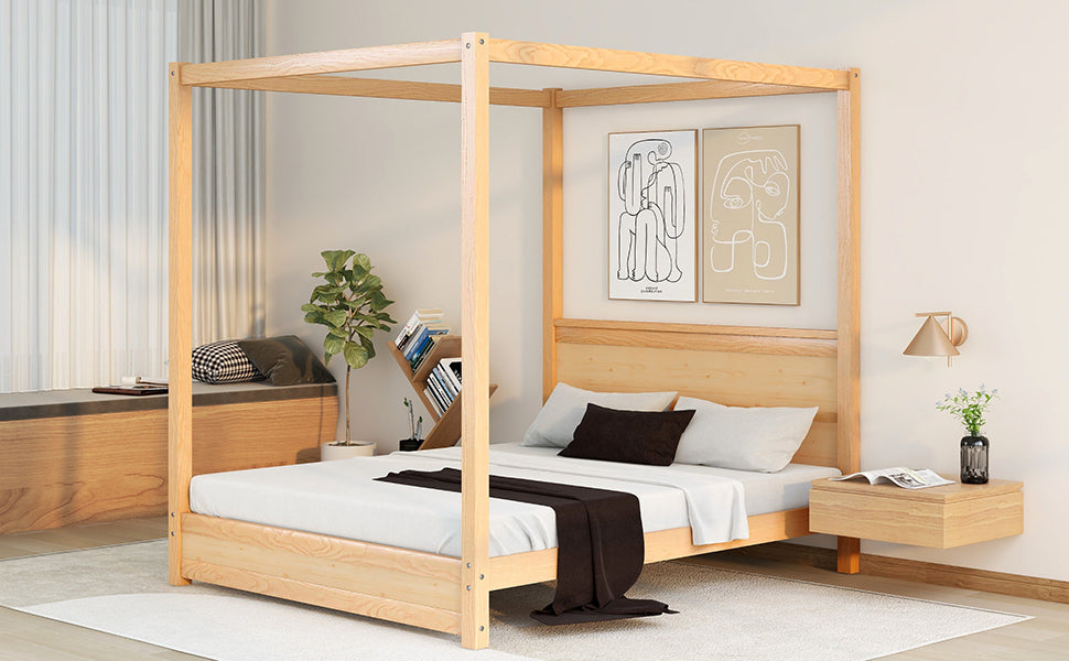 Queen Size Canopy Platform Bed with Headboard and Support Legs,Natural