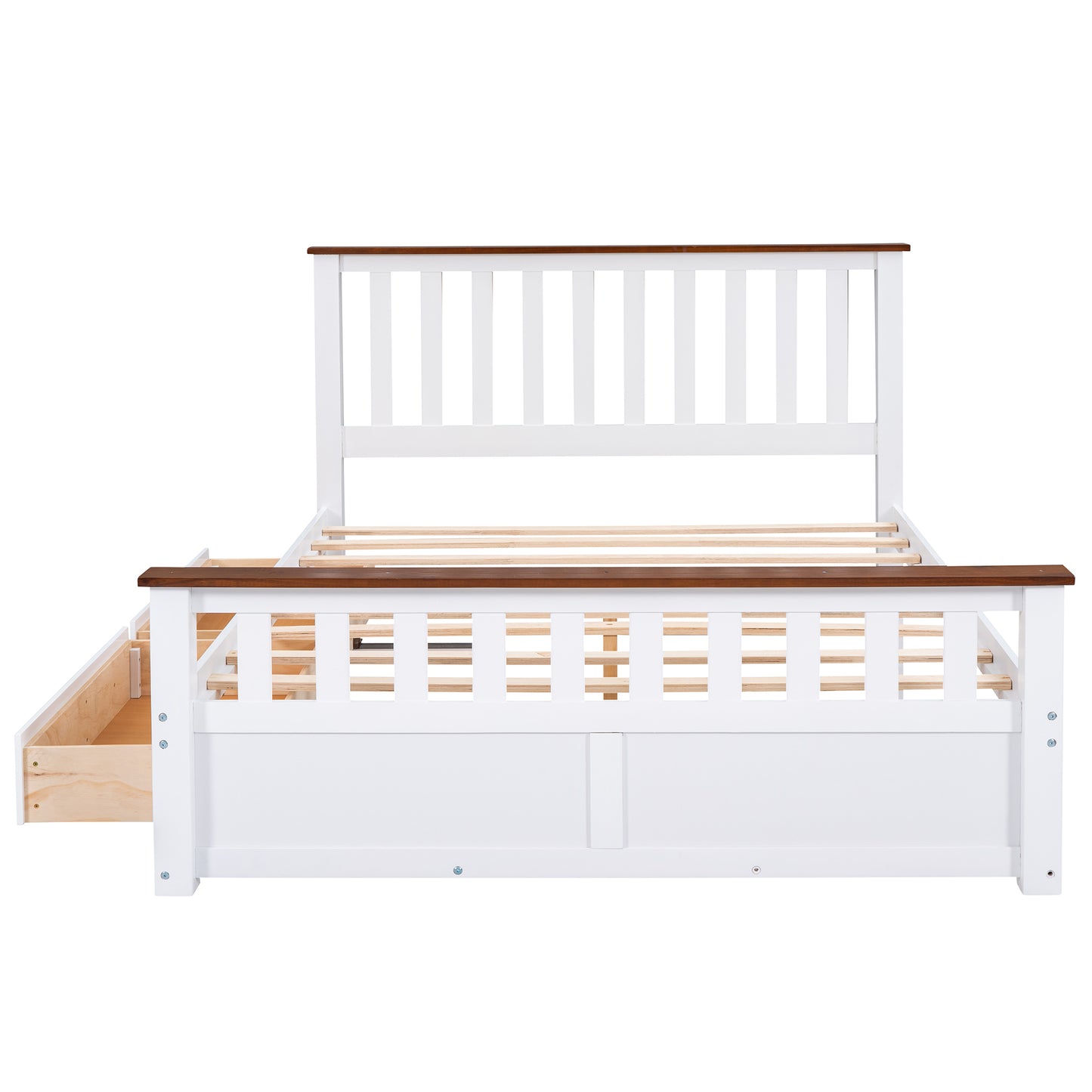 Queen Size Wood Platform Bed with Two Drawers and Wooden Slat Support,White+walnut