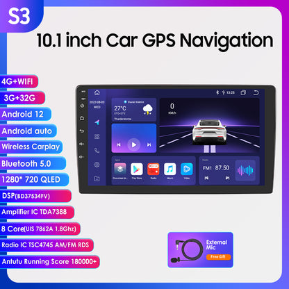 3S Series 10.1 inch Touchscreen Android 12 8Core QLED 1280*720 BT5.0 Car Gps Navigation Stereo Carplay Wifi 4G LTE DSP 3+32GB